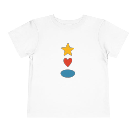 A white short-sleeve crewneck t-shirt featuring a vertical graphic of a yellow star, a red heart, and a blue oval on the chest, displayed against a solid white background.