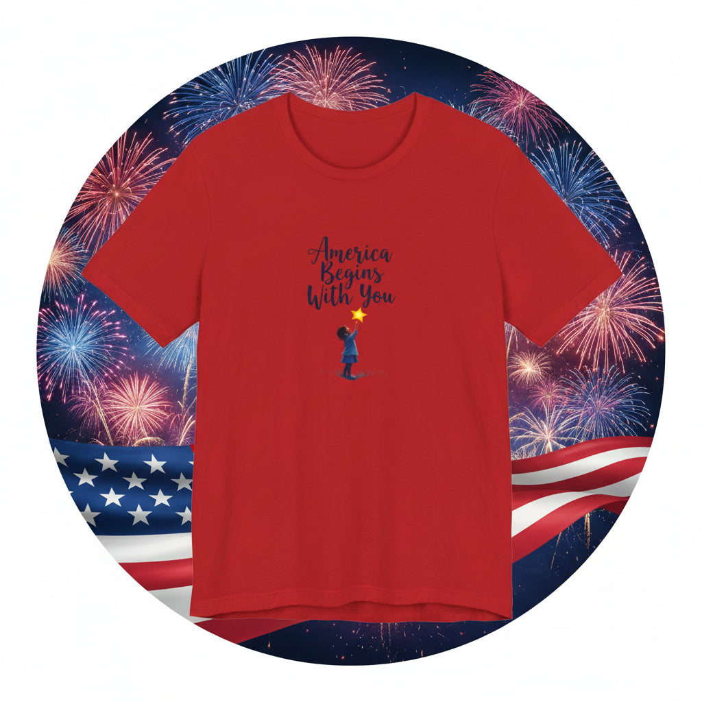 Red t-shirt with a graphic and text 'America Begins With You' on a white background