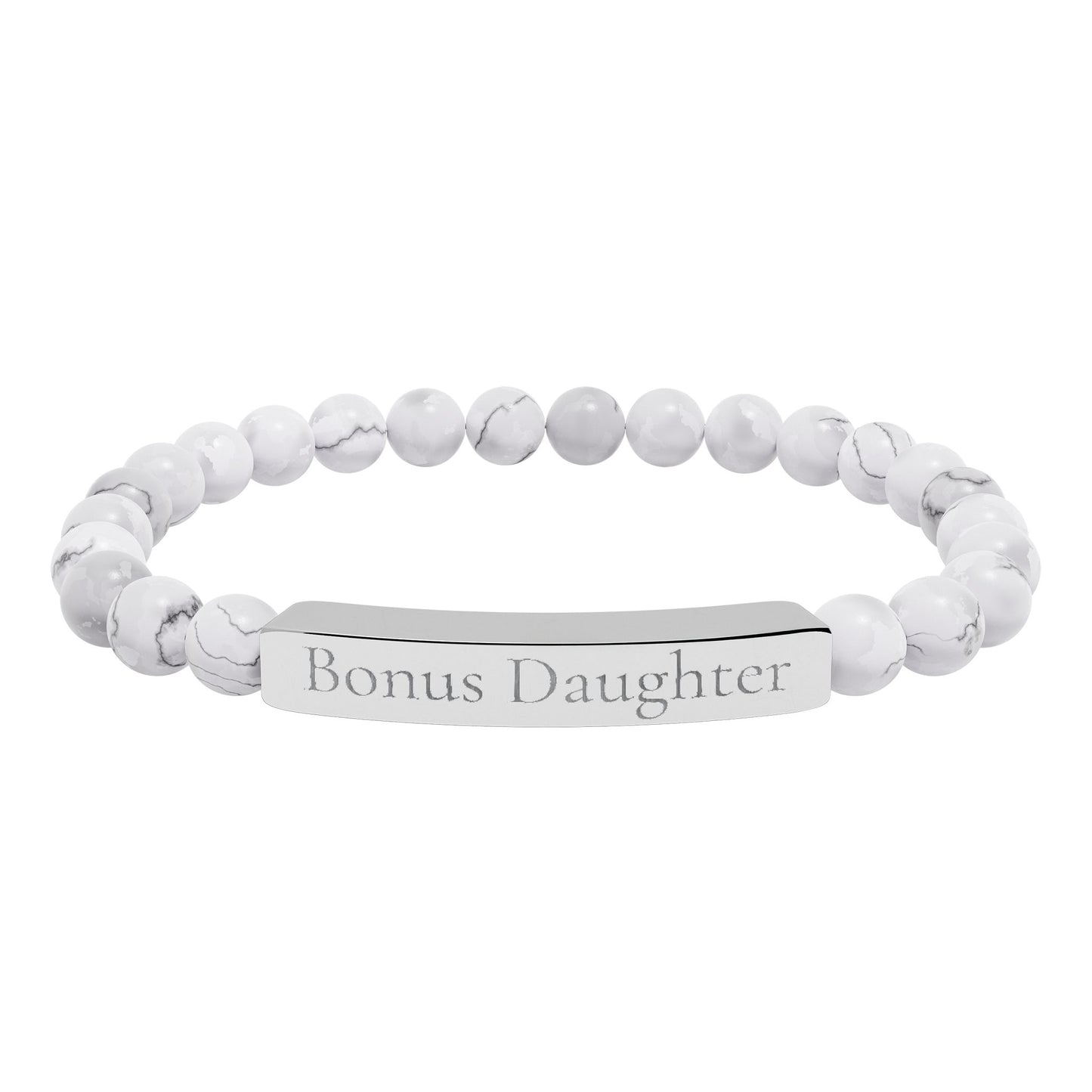Engraved Stone Bar Bracelet — “Bonus Daughter” Stretch Keepsake Jewelry