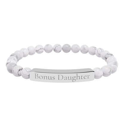 Engraved Stone Bar Bracelet — “Bonus Daughter” Stretch Keepsake Jewelry