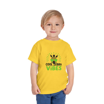 Child wearing a yellow T-shirt with 'Cool Zebra Vibes' text and graphic on a white background. AI model
