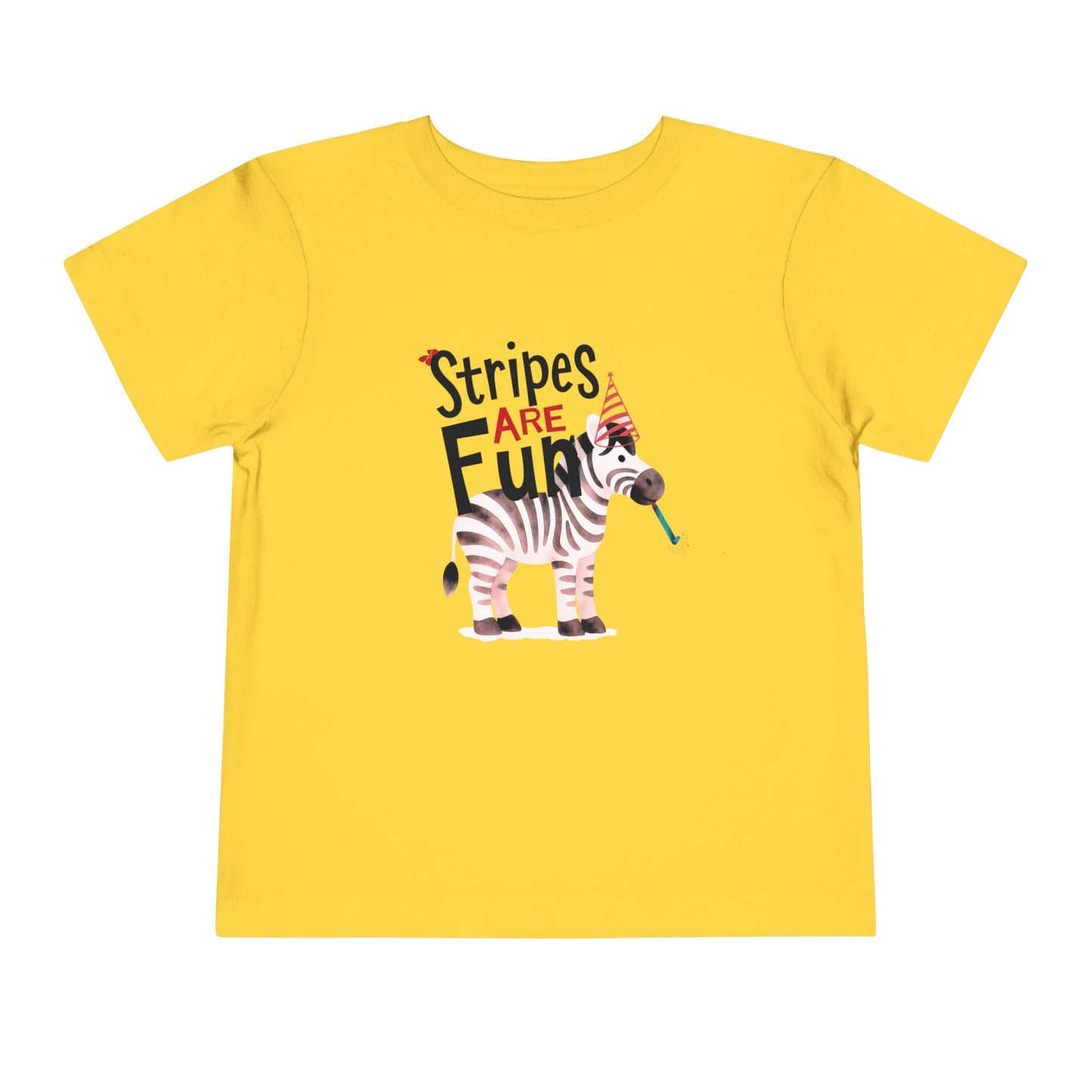 Yellow Toddler t-shirt with a zebra wearing a striped party hat and blowing a striped party blower, with text reading ‘Stripes Are FUN.’