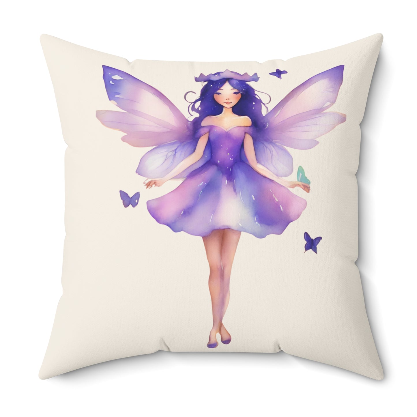 Cream Pillow with a lavender fairy design on a white background