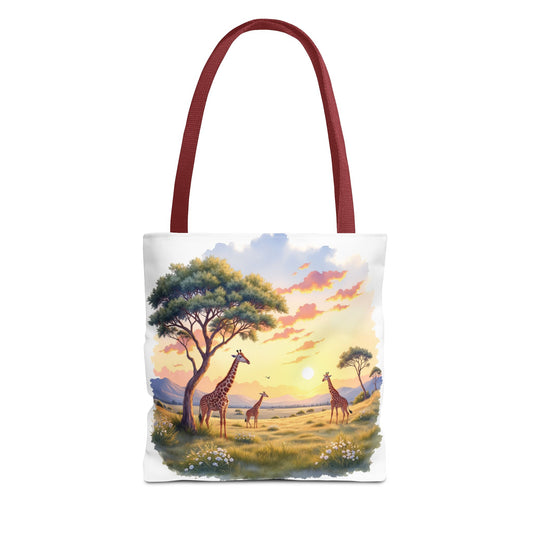 Tote bag with an African landscape design featuring giraffes and a tree.