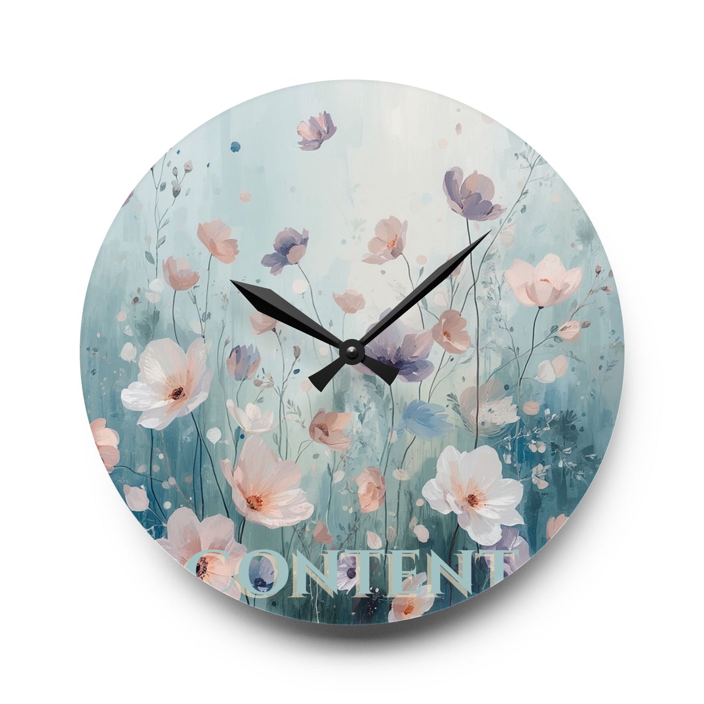 Decorative wall clock with floral design and the word 'Content' on a white background