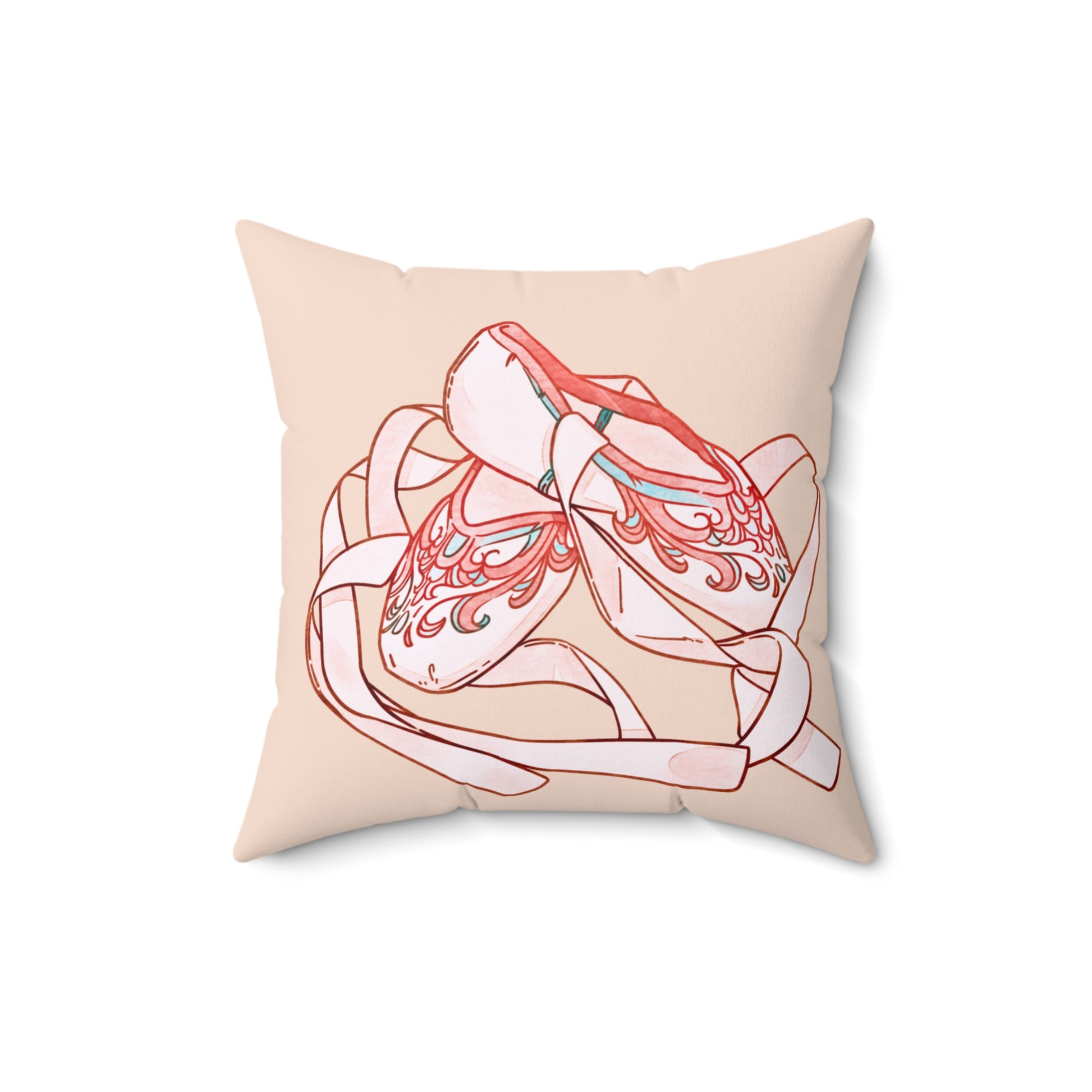 Decorative pillow with a stylized shoe design on a beige background