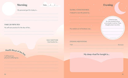 Morning and evening journaling template with a soft peach gradient background.