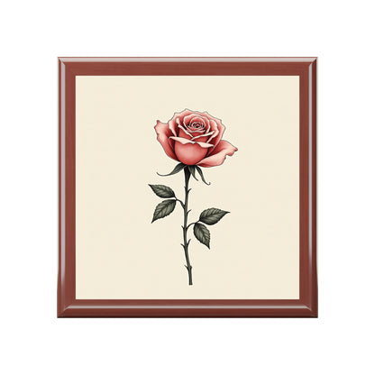 Framed artwork of a pink rose on a beige background