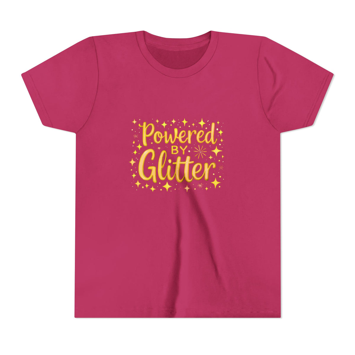 A bright pink short-sleeve t-shirt with a yellow graphic on the chest that reads 'Powered by Glitter' in a stylized font, surrounded by small yellow stars and sparkles, shown on a plain white background.