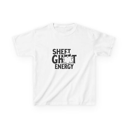 Kids Halloween shirt with “Sheet Ghost Energy” design featuring a playful ghost on a Gildan 5000B Heavy Cotton Tee. White