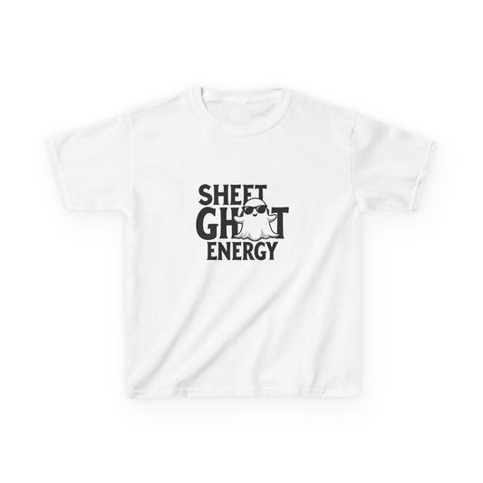 Kids Halloween shirt with “Sheet Ghost Energy” design featuring a playful ghost on a Gildan 5000B Heavy Cotton Tee. White