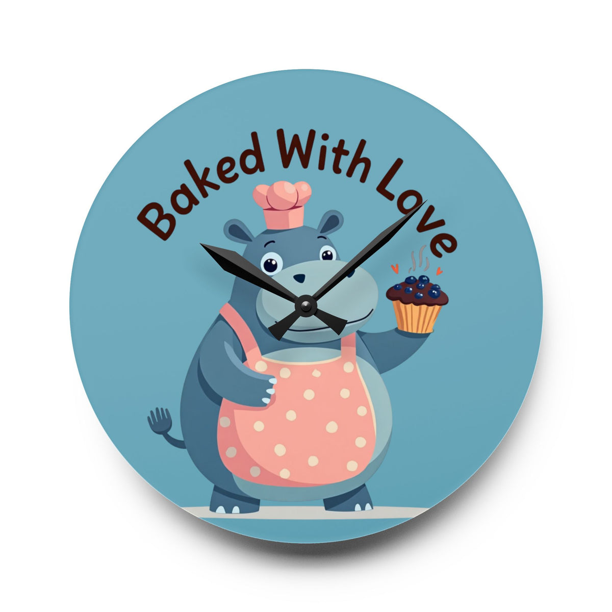 Clock with cartoon hippo holding a cupcake and text 'Baked With Love' on a blue background