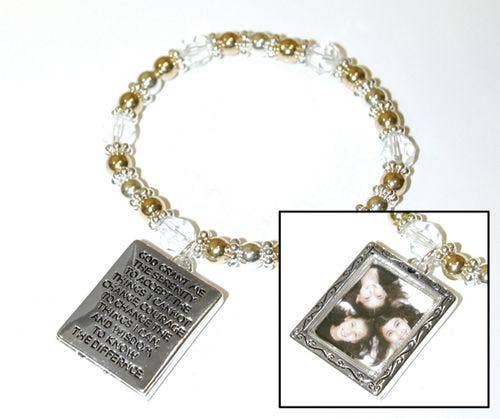Bracelet with a square charm featuring a photo of three people and an engraved message on a white background.