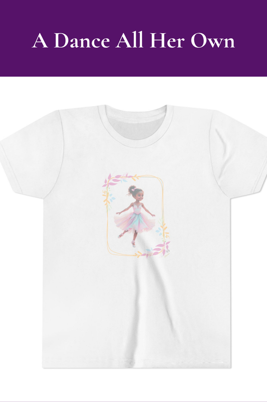 White t-shirt with a graphic of a dancer in a tutu on a white background