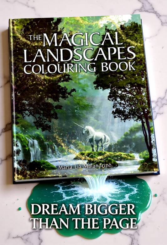 Magical Landscapes Colouring Book with a unicorn on a marble surface