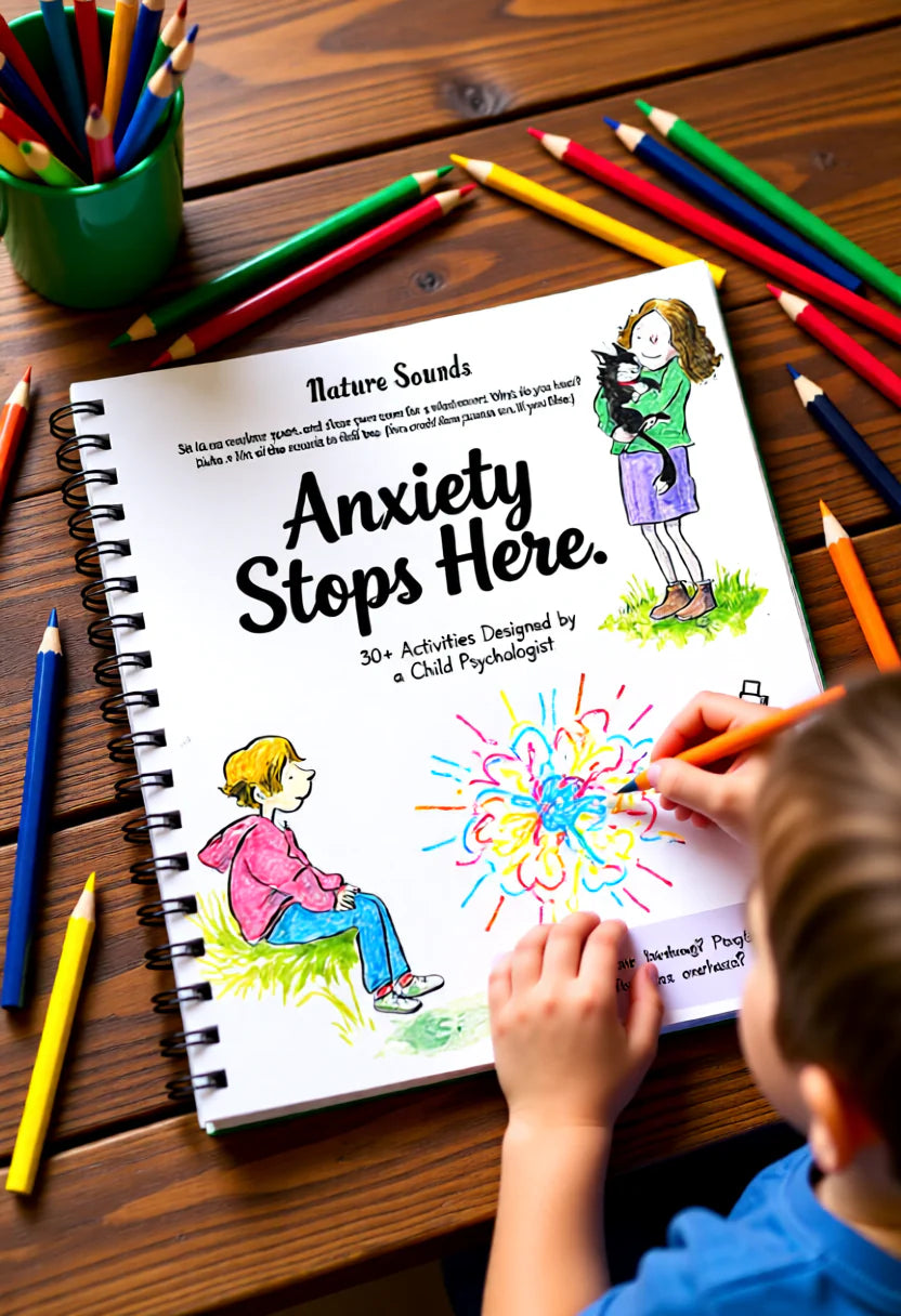 Child coloring a book titled 'Anxiety Stops Here' with colored pencils on a wooden table. AI created image.