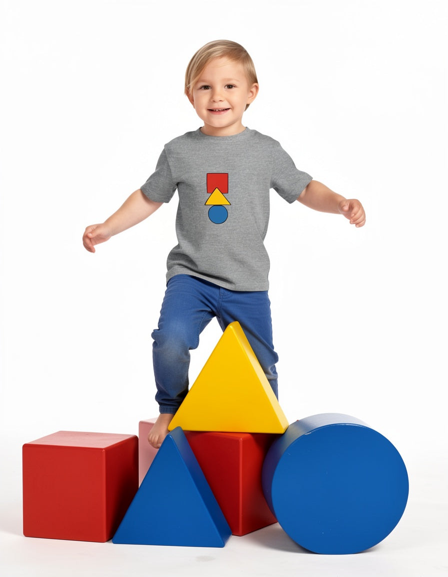AI Boy wearing a grey T-shirt with stacked geometric shapes climbs on blocks shaped of red square, blue circles, yellow triangle