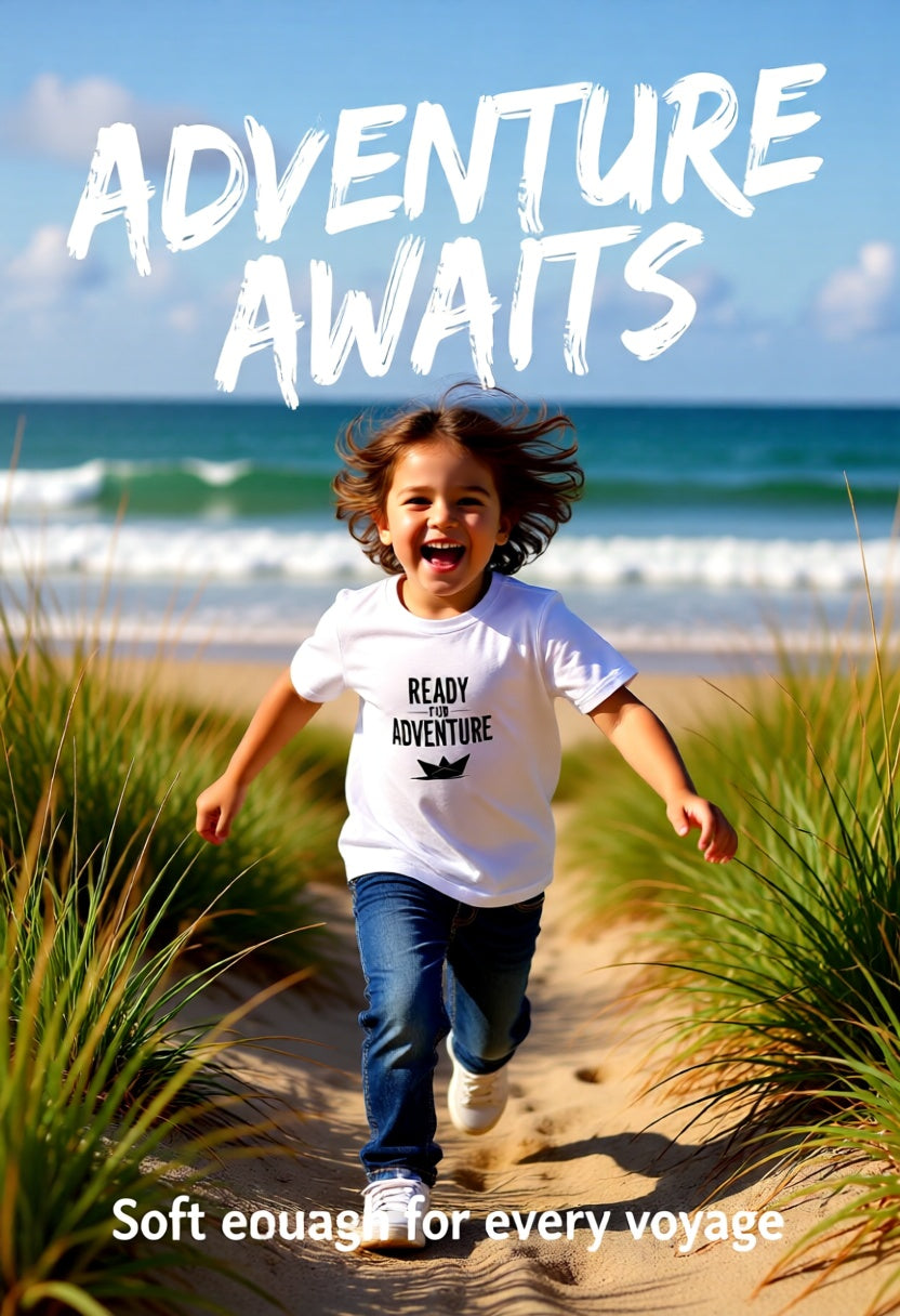 Headline  Adventure Waits, A child runs away from an ocean wave at the beach shoreline. He wears a tee that says READ for Adventure. Kids ash T‑shirt with bold black “Ready for Adventure” text and a small paper boat graphic.