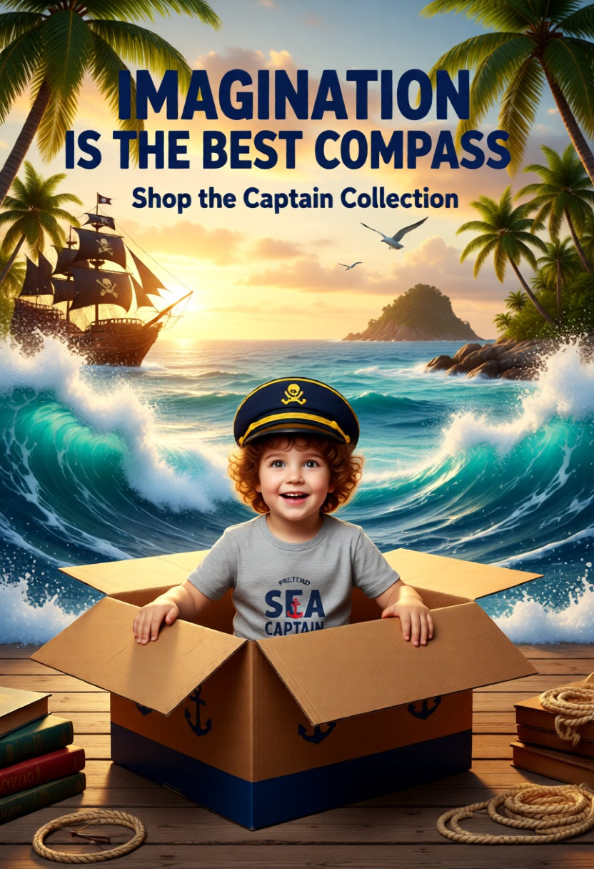 Tropical sea scene with a child sitting in a box. He wears a captain's hat and a grey tee that read 'pretend sea captain'. The head line says Imagination is the Best Compass.