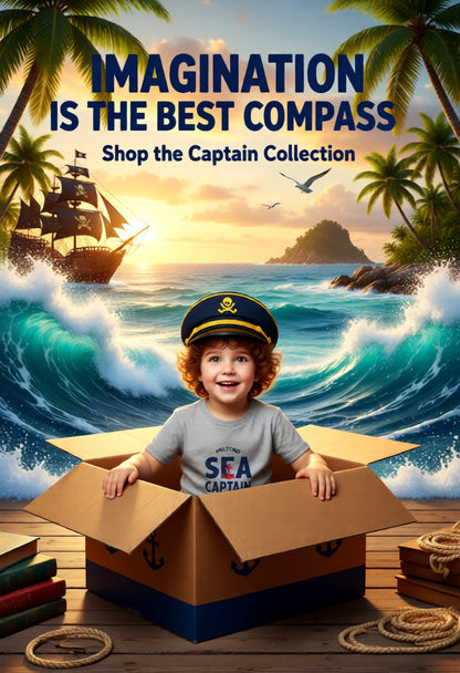Tropical sea scene with a child sitting in a box. He wears a captain's hat and a grey tee that read 'pretend sea captain'. The head line says Imagination is the Best Compass.