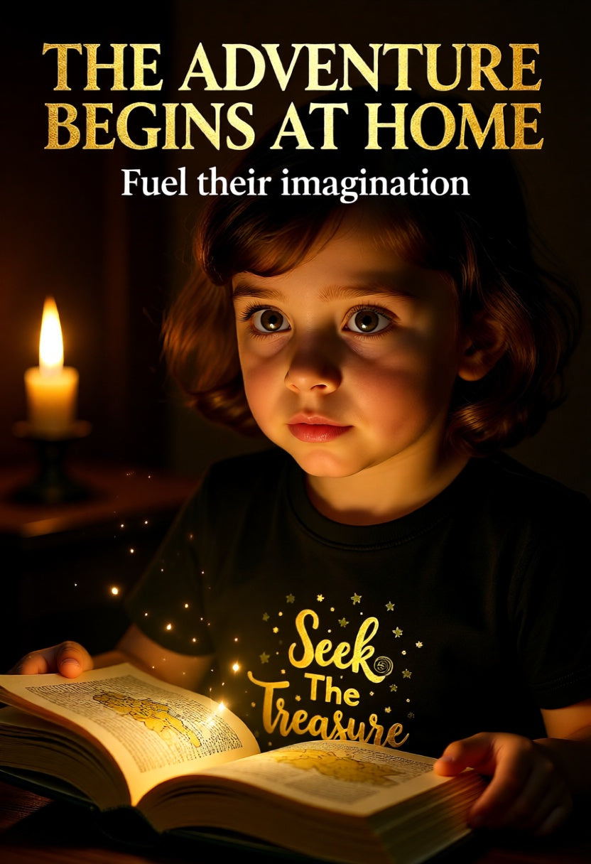 Headline: The Adventure Begins at Home. A starry eye child holds and open books b candlelight. Her black tee said, "Seek the treasure" Kids black T‑shirt with golden “Seek the Treasure” lettering surrounded by small star accents.
