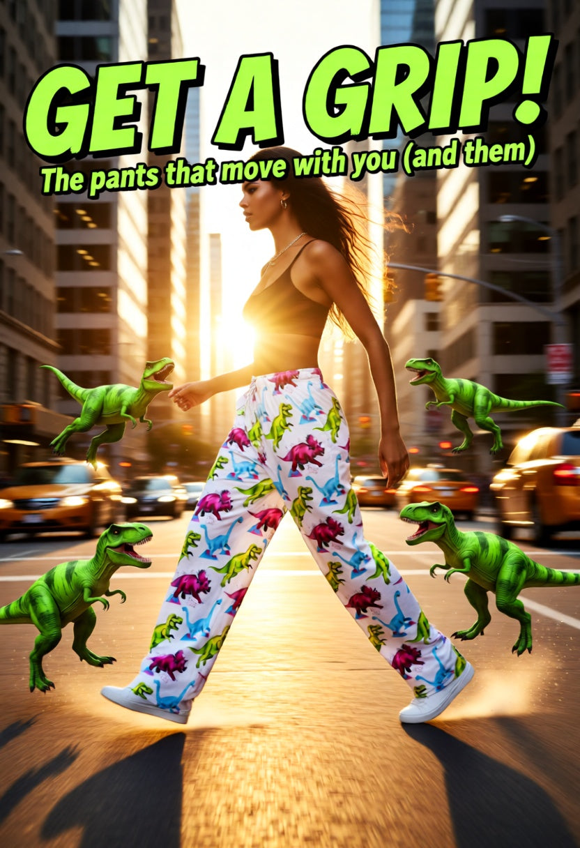 GEt a Grip The pants that move with you and them. (headline. A girls walks long wearing dinosaurs pants while dinos go with her.