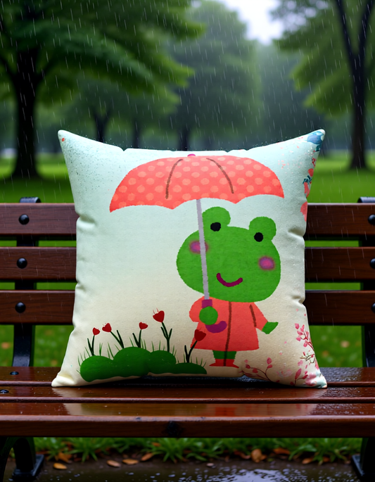 Decorative pillow with a cartoon frog holding an umbrella on a bench in a park.
