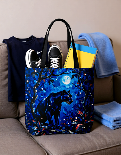 Eco-Tote: Black Moonlit Panther Bag — Blue Night Forest Art Canvas Carry-All.