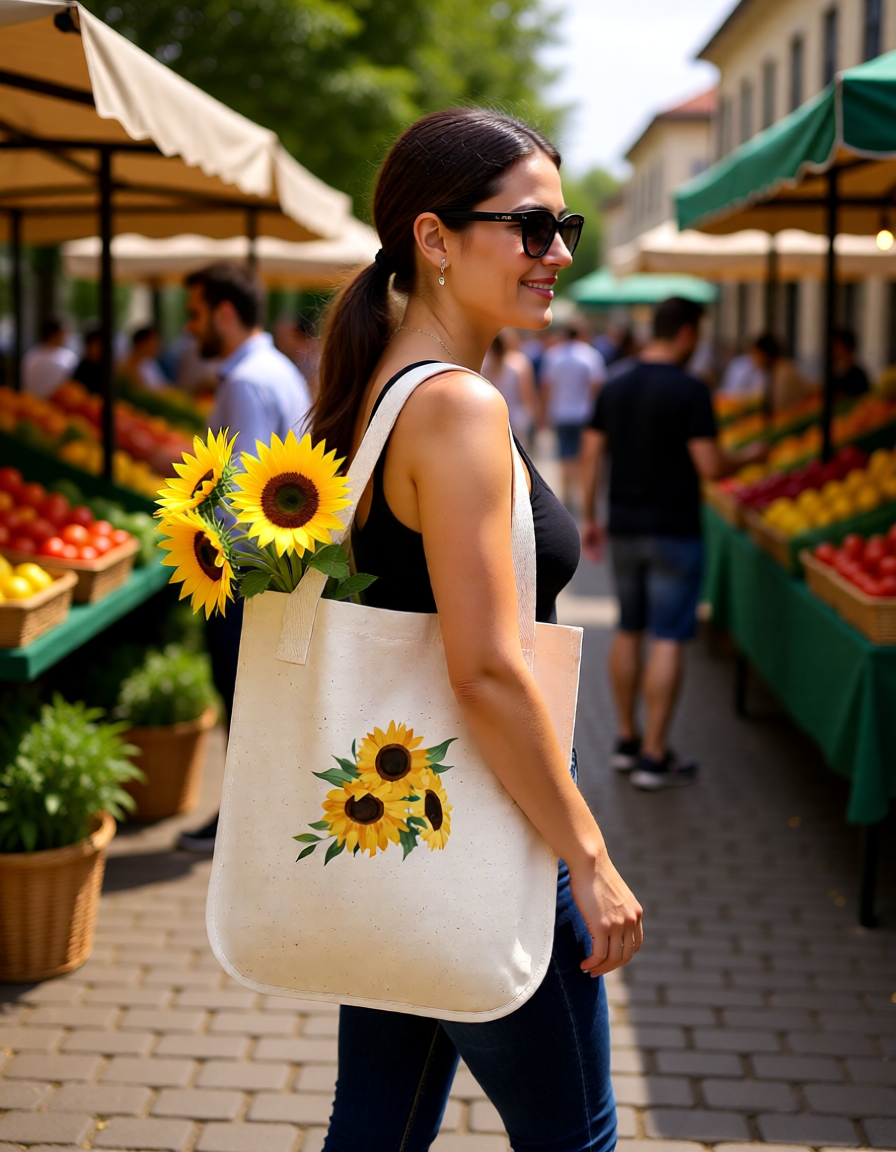 Woman at farmer's market carrying a tote with sunflowers.