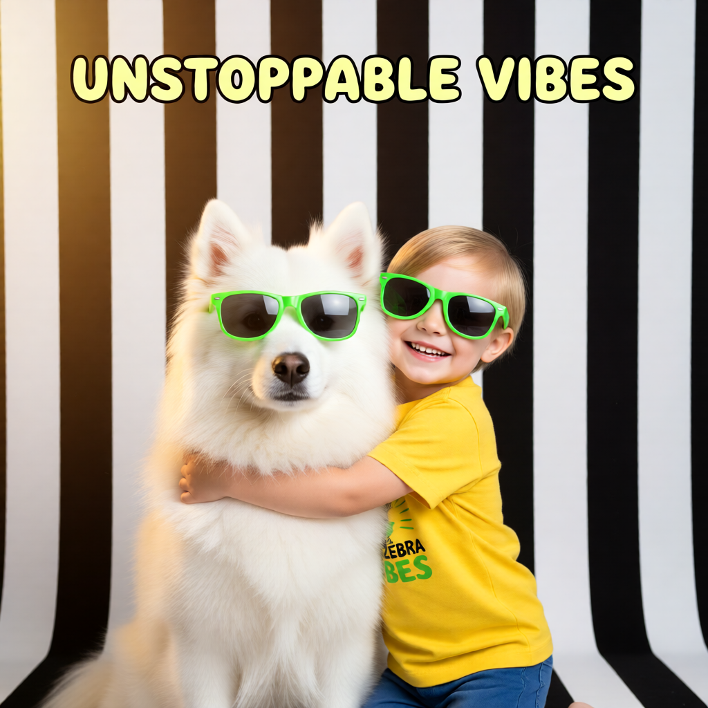 Child and dog wearing green sunglasses with 'Unstoppable Vibes' text on a striped background