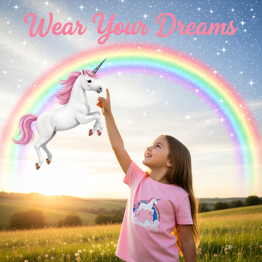 Girl in pink shirt with unicorn design pointing at a rainbow and unicorn in a field with 'Wear Your Dreams' text.
