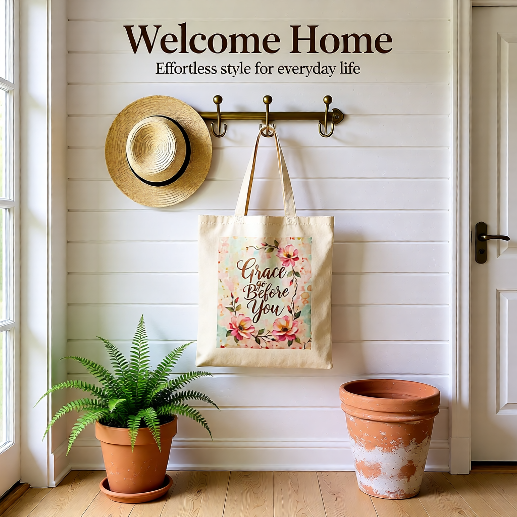 Decorative entryway with a tote bag, hat, and potted plants against a white wall.