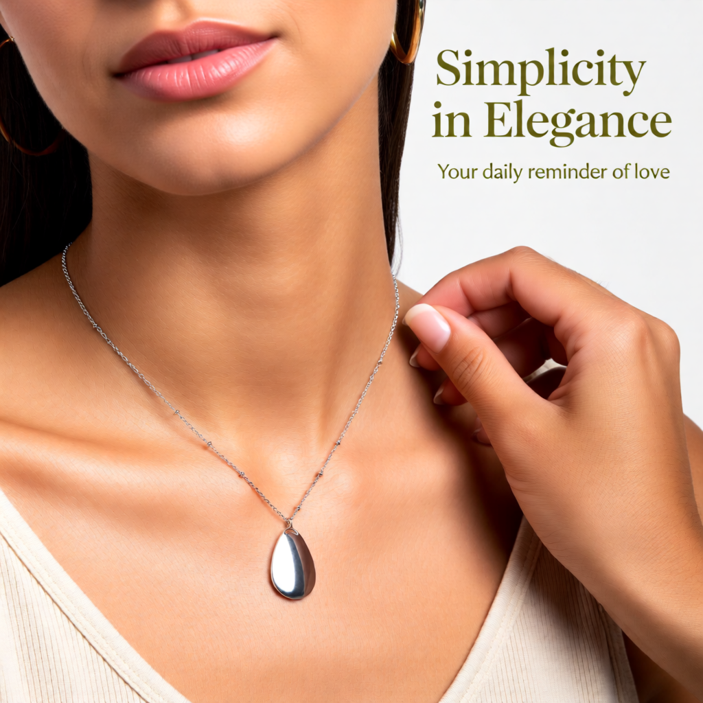 Woman wearing  the backside of a necklace with a close-up of her neck and hand, text 'Simplicity in Elegance' and 'Your daily reminder of love'. Personalize with your message.