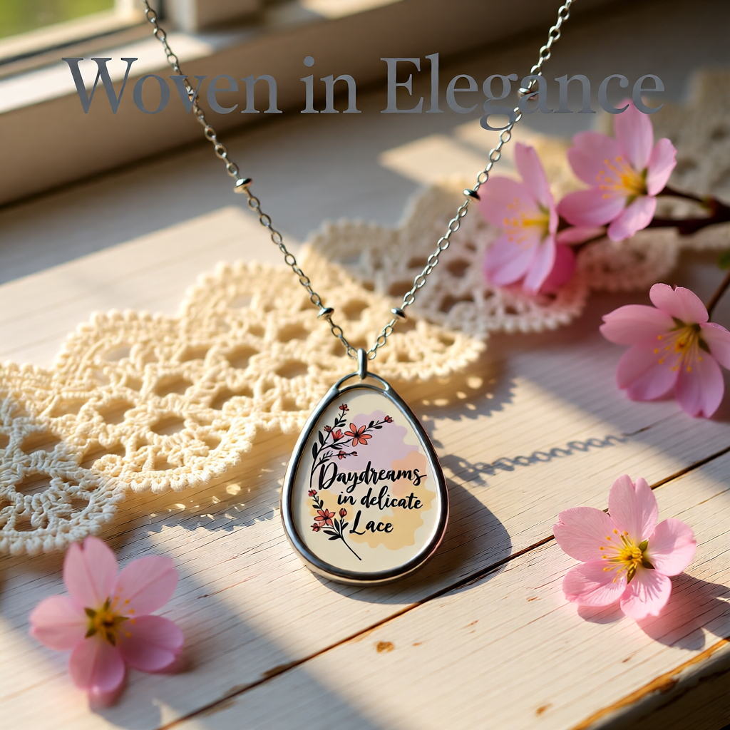 Necklace with a pendant featuring floral design and text on a wooden surface with flowers.