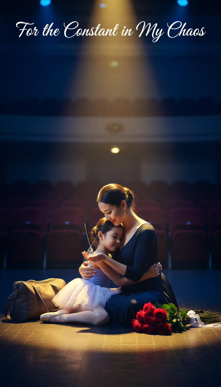 Mother and daughter embracing on a stage with text 'For the Constant in My Chaos'.