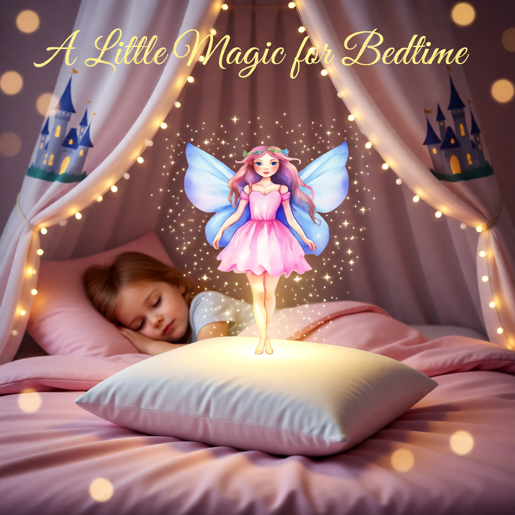 Cream Pillow with a  pink dress blue wings fairy design on a white background