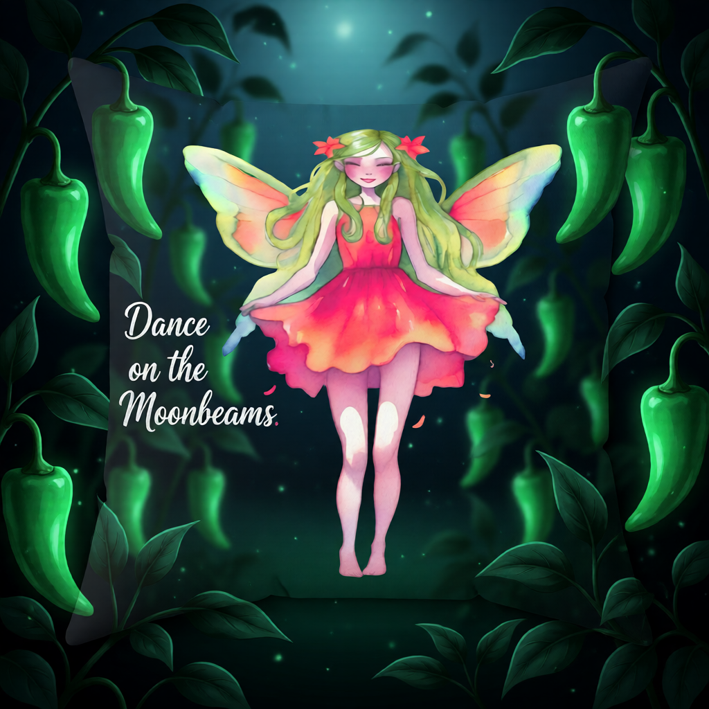 Fairy s.with orange wings surrounded by a field of green pepper