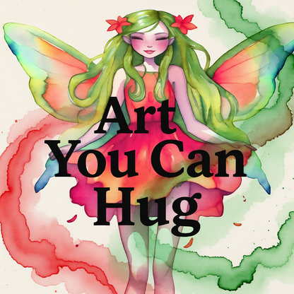 Illustration of a watercolor fairy with the test ART YOU CAN HUG.