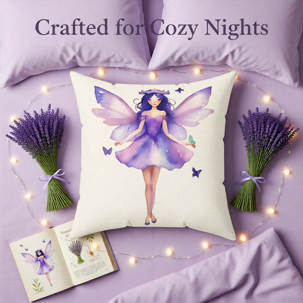 Lavender Fairy Decorative Pillow — Purple Watercolor Fairy Throw Pillow