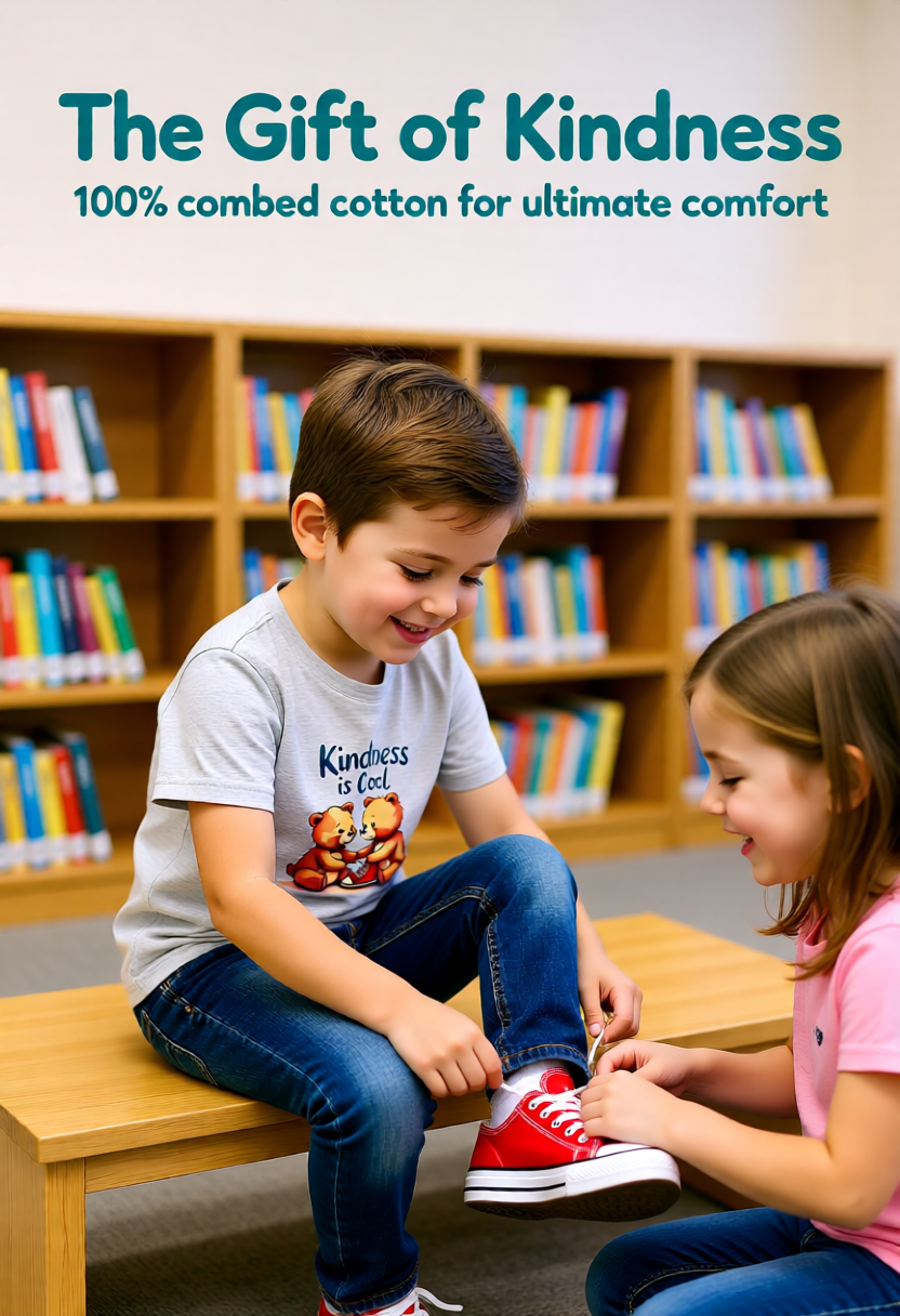 Two children sitting on a bench in a library, with one helping the other put on shoes.