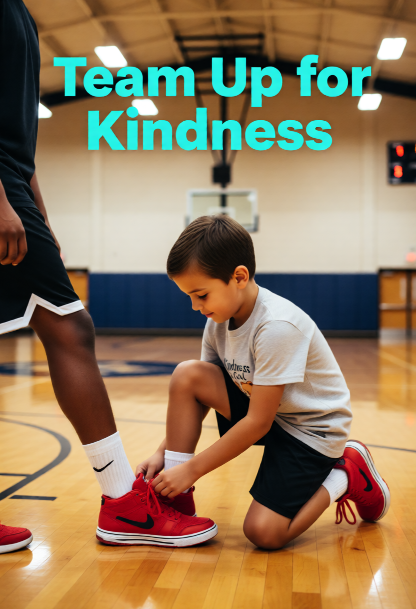 Child helping another child put on red sneakers with 'Team Up for Kindness' text above.