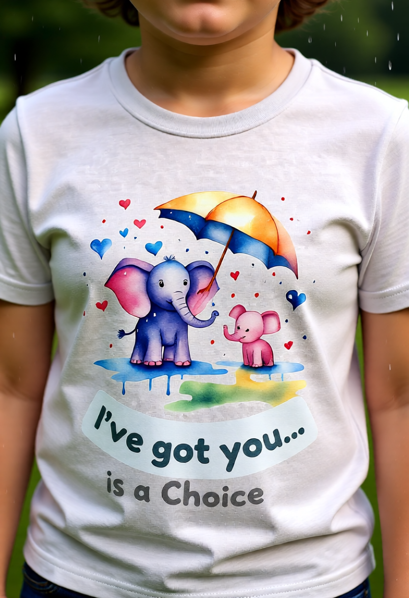 Child wearing a t-shirt with cartoon elephants and a colorful umbrella design.