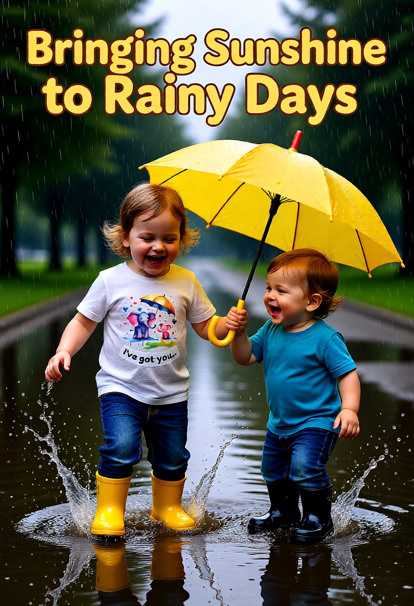 Two children with a yellow umbrella playing in rainwater, with text 'Bringing Sunshine to Rainy Days'.