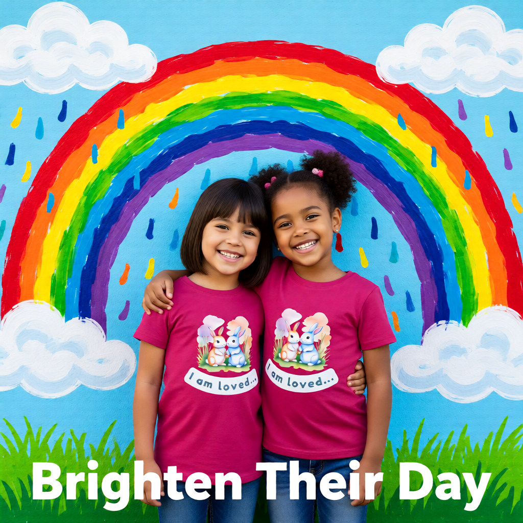 Two children in pink shirts with a rainbow and clouds in the background