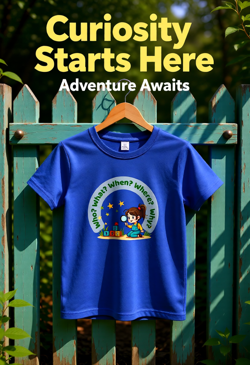 Blue t-shirt with a child reading a book graphic and text 'Curiosity Starts Here, Adventure Awaits' on a green wooden fence background.