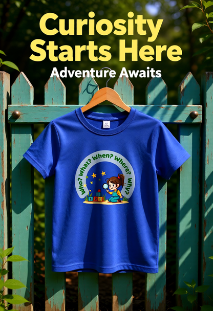 Blue t-shirt with a child reading a book graphic and text 'Curiosity Starts Here, Adventure Awaits' on a green wooden fence background.
