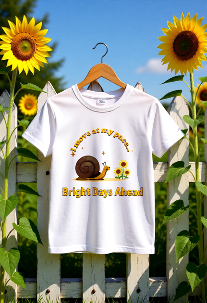White t-shirt with a snail and sunflower design on a wooden hanger against a sunflower background