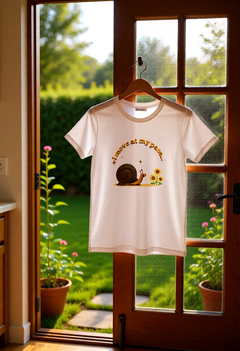 White t-shirt with a snail graphic on a hanger in front of a glass door with a garden view.