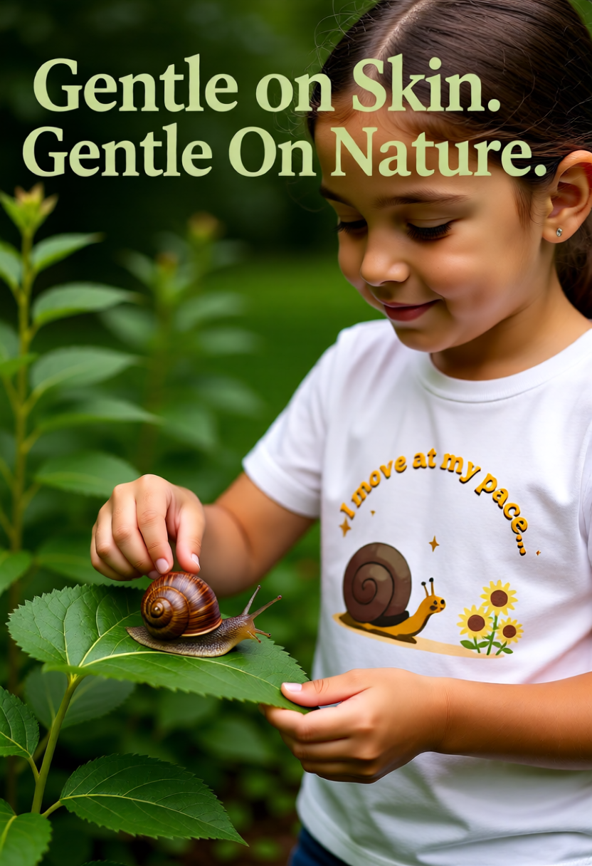 Child wearing a shirt with a snail and sunflower design, interacting with a snail on a leaf.