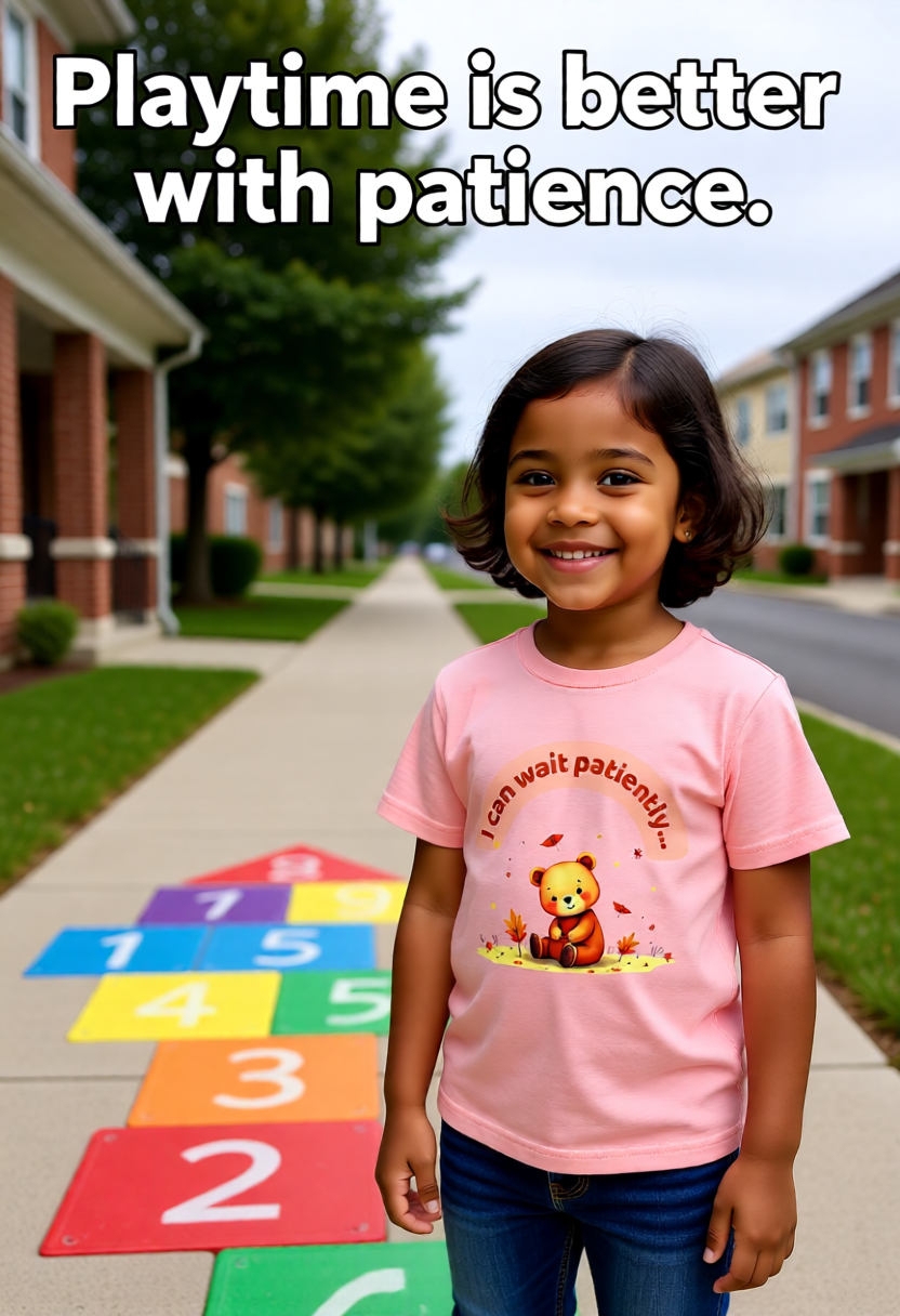 Child wearing a pink shirt with a teddy bear graphic and text, standing on a hopscotch grid.